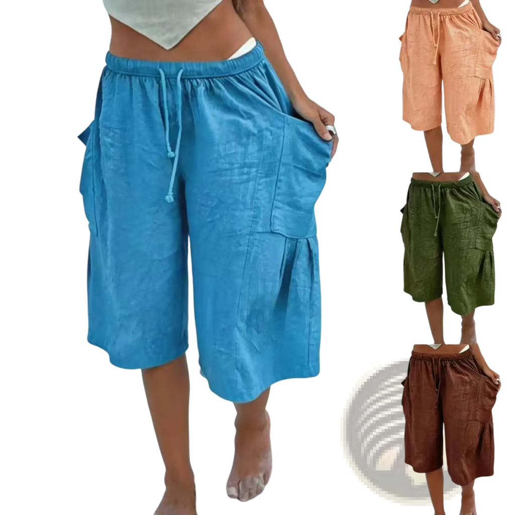 Blue cotton linen casual capri pants featuring a drawstring waist and side pockets in linen cargo style