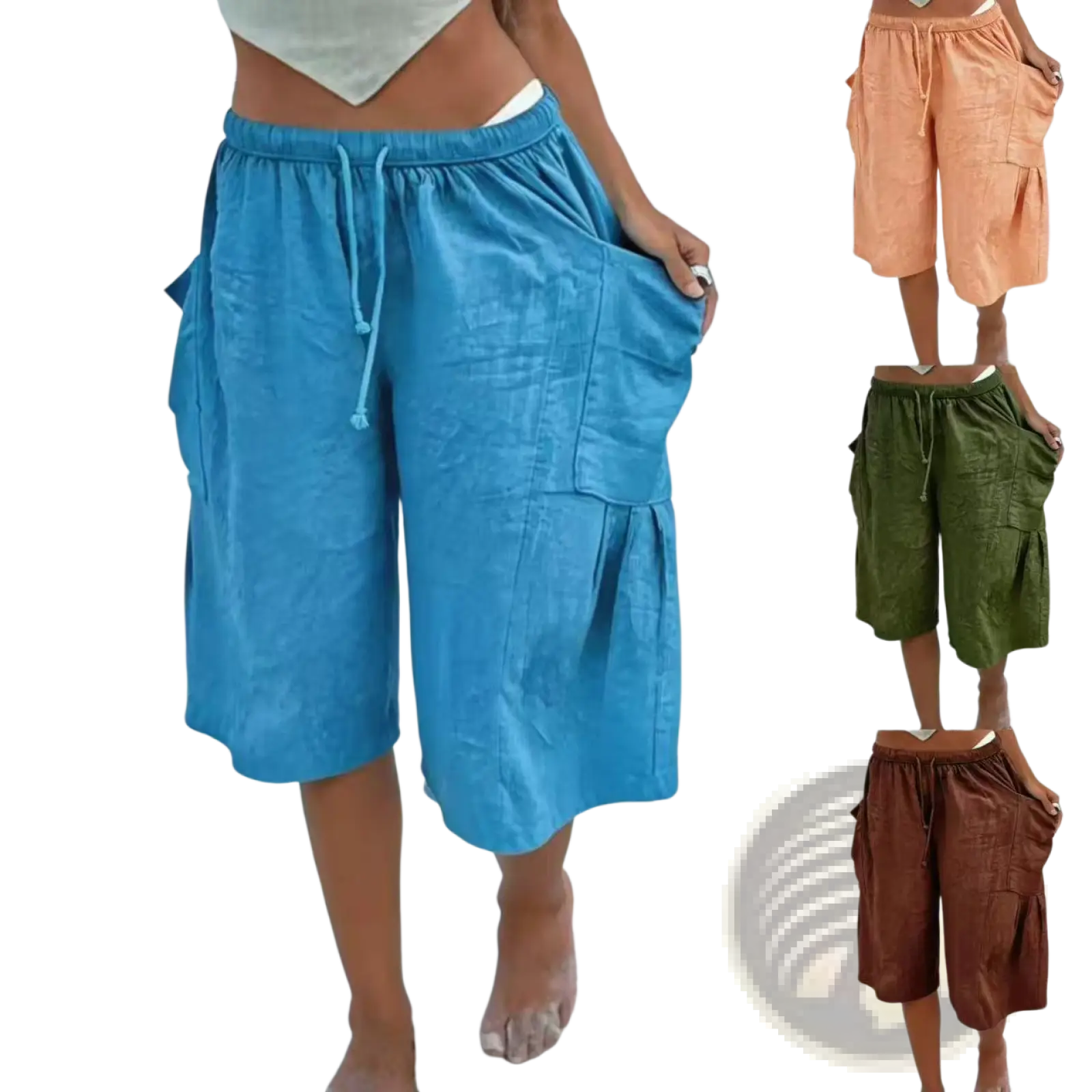 Blue cotton linen casual capri pants featuring a drawstring waist and side pockets in linen cargo style