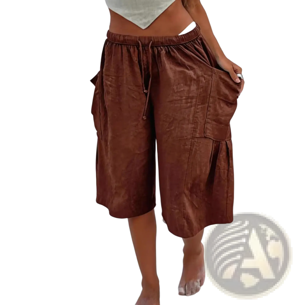 Brown loose-fitting cotton linen casual capri pants with drawstring waist and multiple cargo pockets