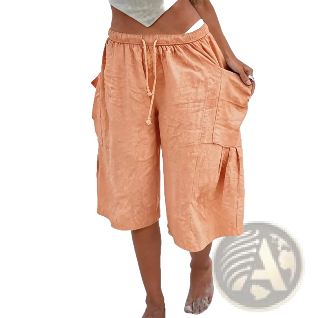 Cotton linen casual capri pants in soft peach with elastic waistband and matching drawstring for comfortable wear