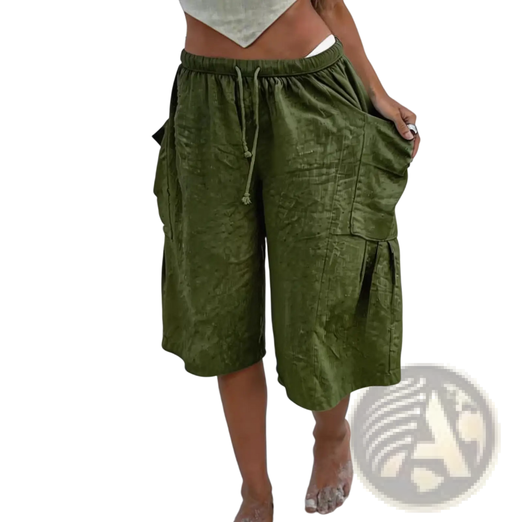 Olive green cotton linen casual capri pants with textured fabric cargo shorts style multiple pockets and drawstring waistband