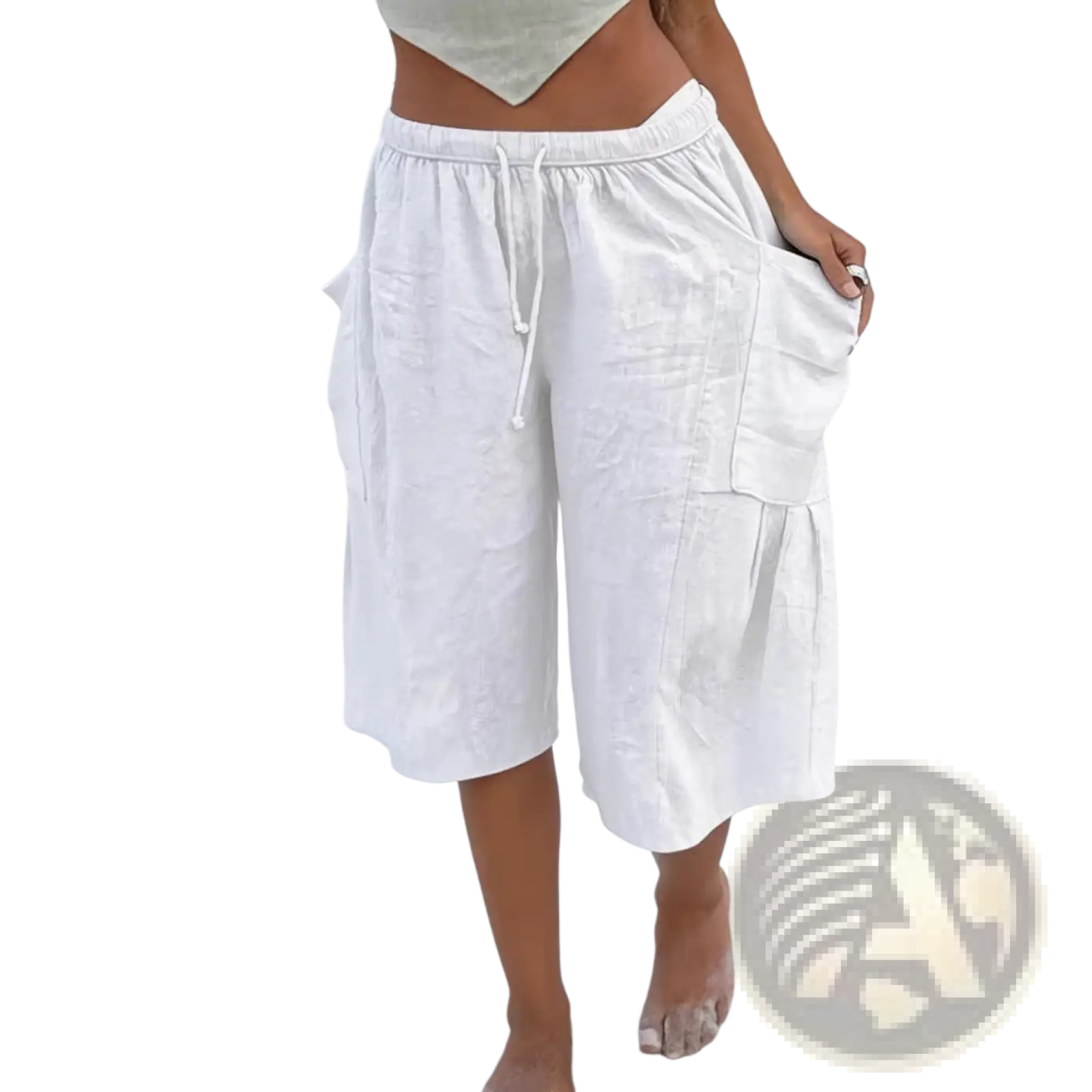 White linen cargo shorts with elastic waistband drawstring multiple pockets relaxed fit cotton linen casual capri pants