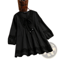 Black lace-trimmed cotton linen blouse for women with tie-front neckline and puffed sleeves spring top
