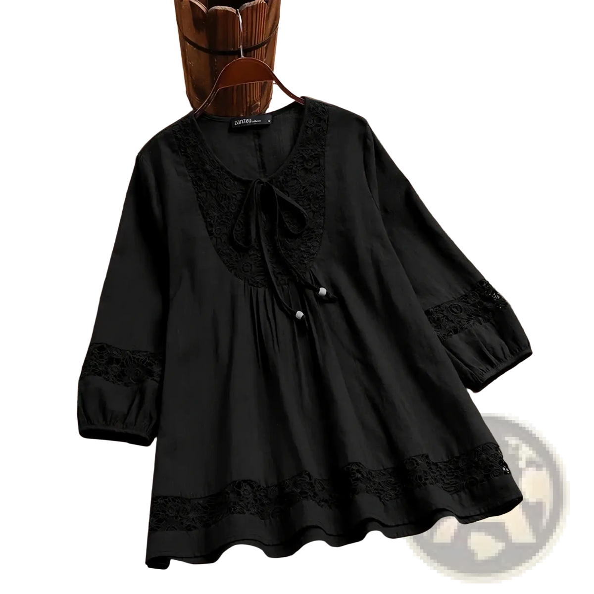 Black lace-trimmed cotton linen blouse for women with tie-front neckline and puffed sleeves spring top