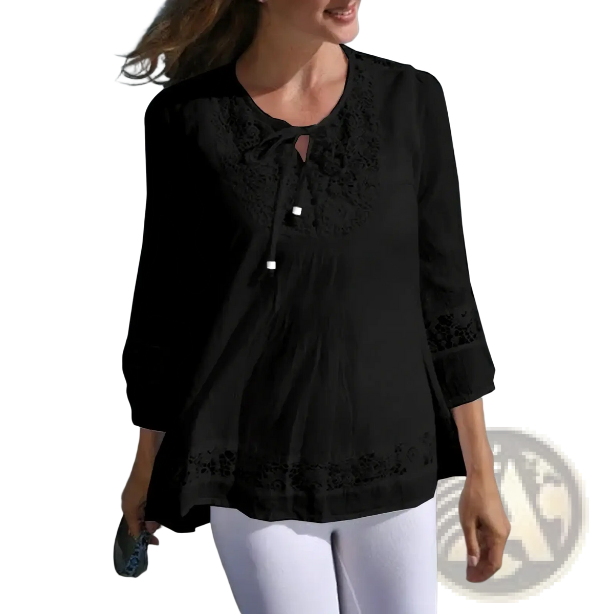 Black cotton linen lace blouse for women with three-quarter sleeves and keyhole neckline spring top