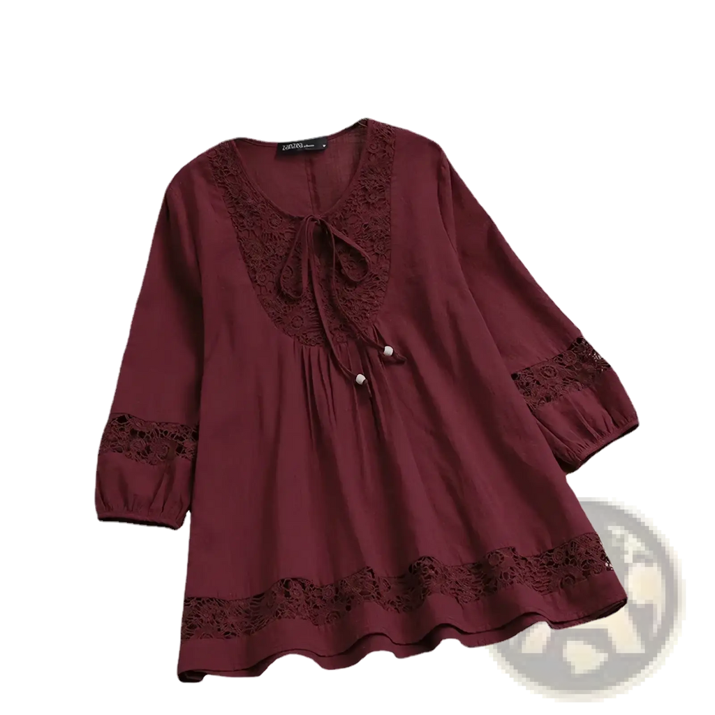 Maroon cotton linen lace blouse with three-quarter sleeves and tie-front neckline womens spring top