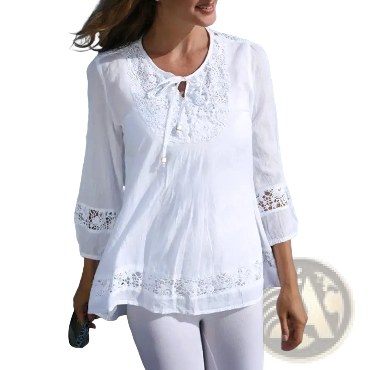 White lace trimmed cotton linen blouse with three quarter sleeves and tie front neckline for spring wear