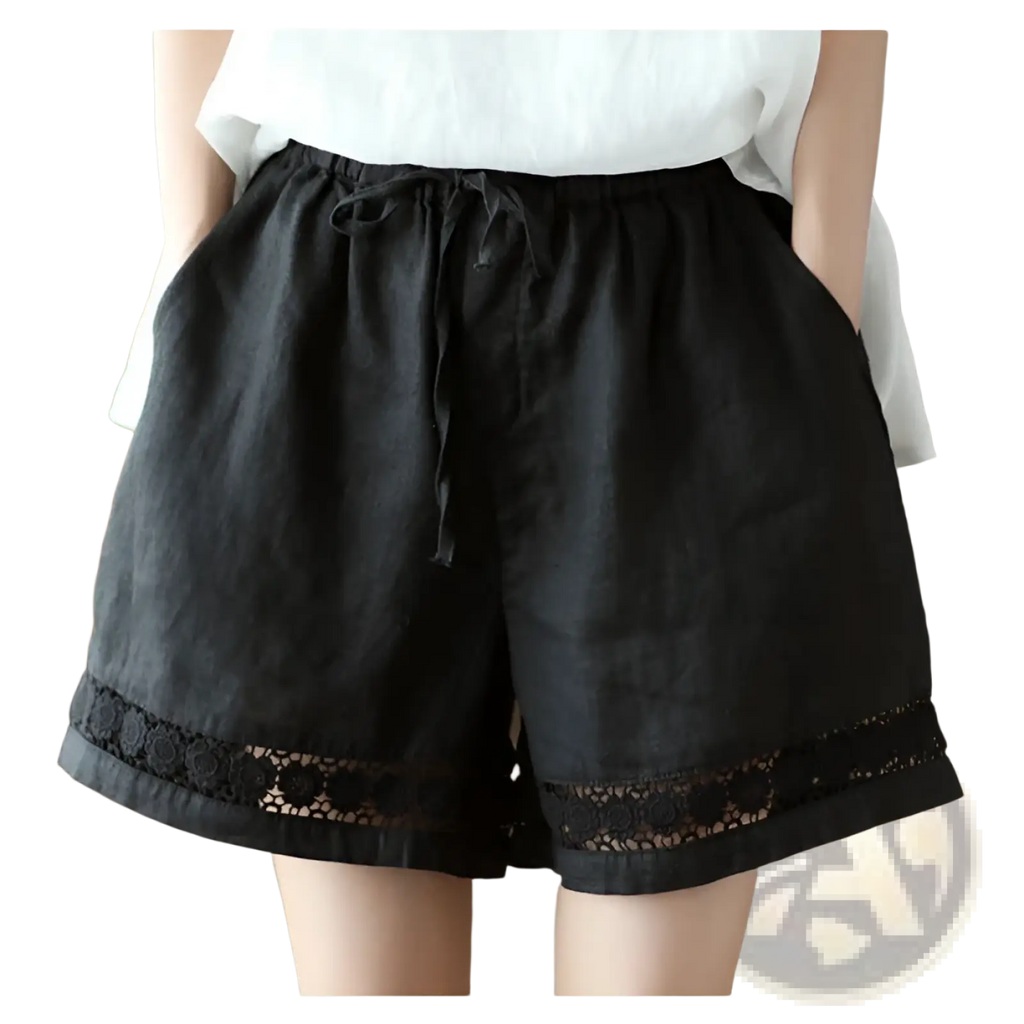 Black cotton linen shorts with delicate lace trim along the hem from the cotton linen lace up straight pants collection