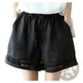 Black cotton linen shorts with delicate lace trim along the hem from the cotton linen lace up straight pants collection