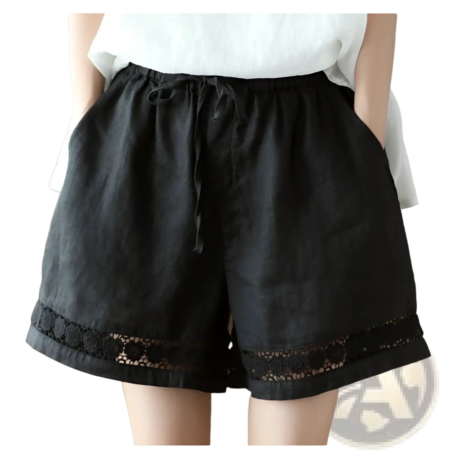 Black cotton linen shorts with delicate lace trim along the hem from the cotton linen lace up straight pants collection