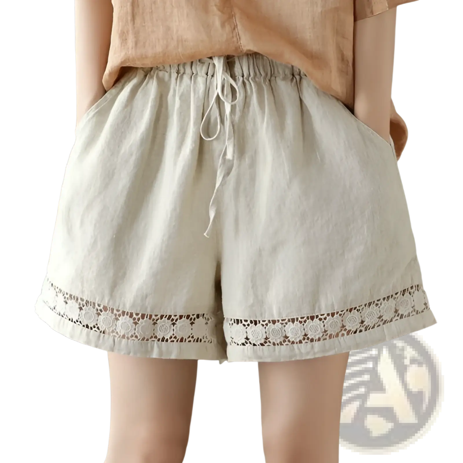 Beige cotton linen lace up straight pants featuring delicate lace trim along the hem and a drawstring waist