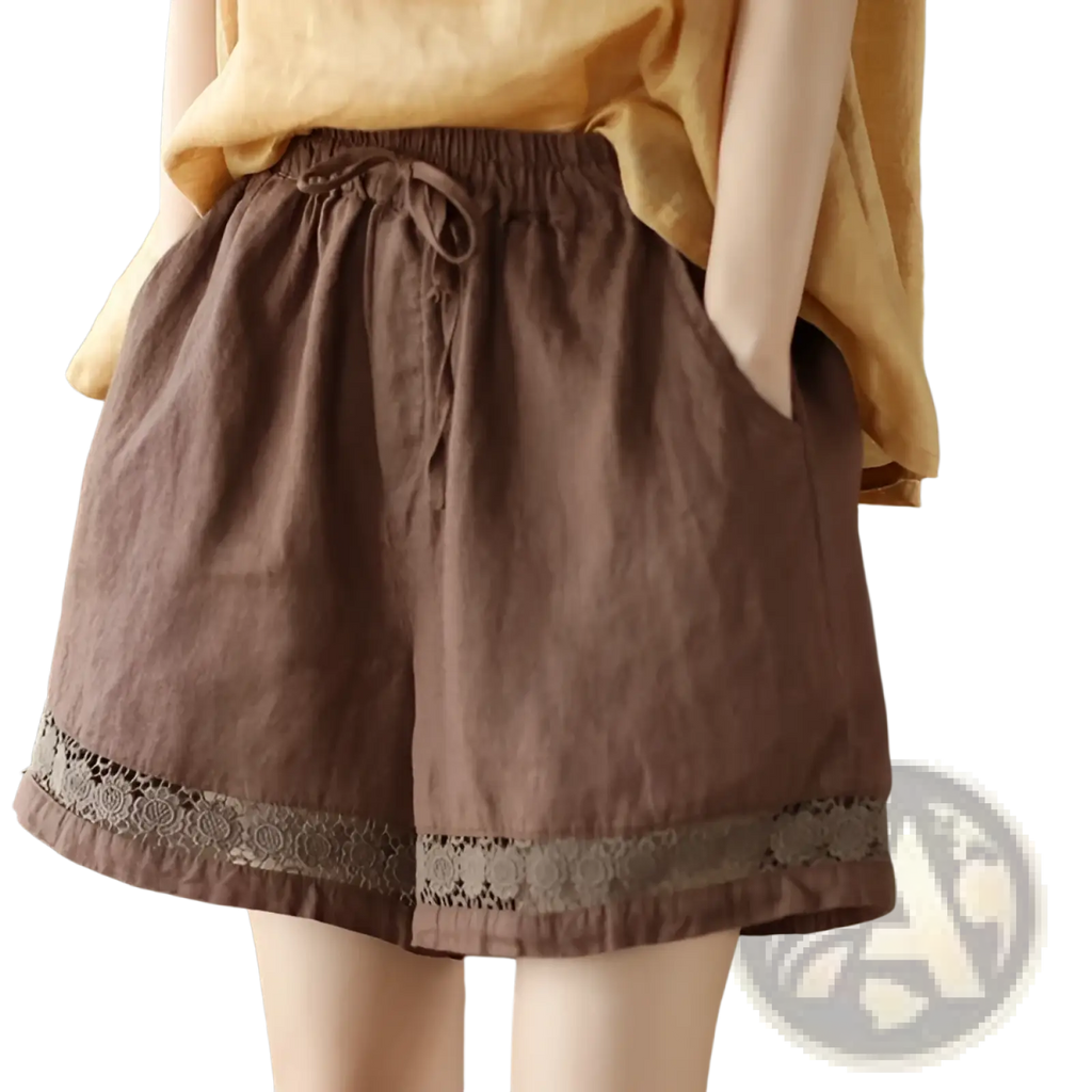 Brown cotton linen shorts with drawstring waist and delicate lace trim along the hem from lace up straight pants collection