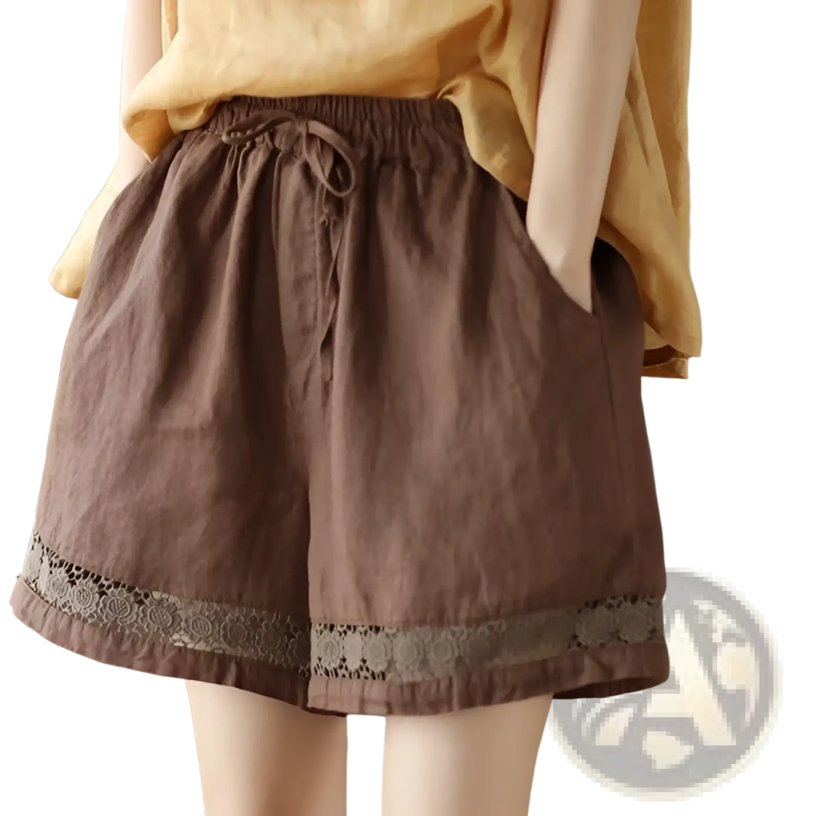 Brown cotton linen shorts with drawstring waist and delicate lace trim along the hem from lace up straight pants collection