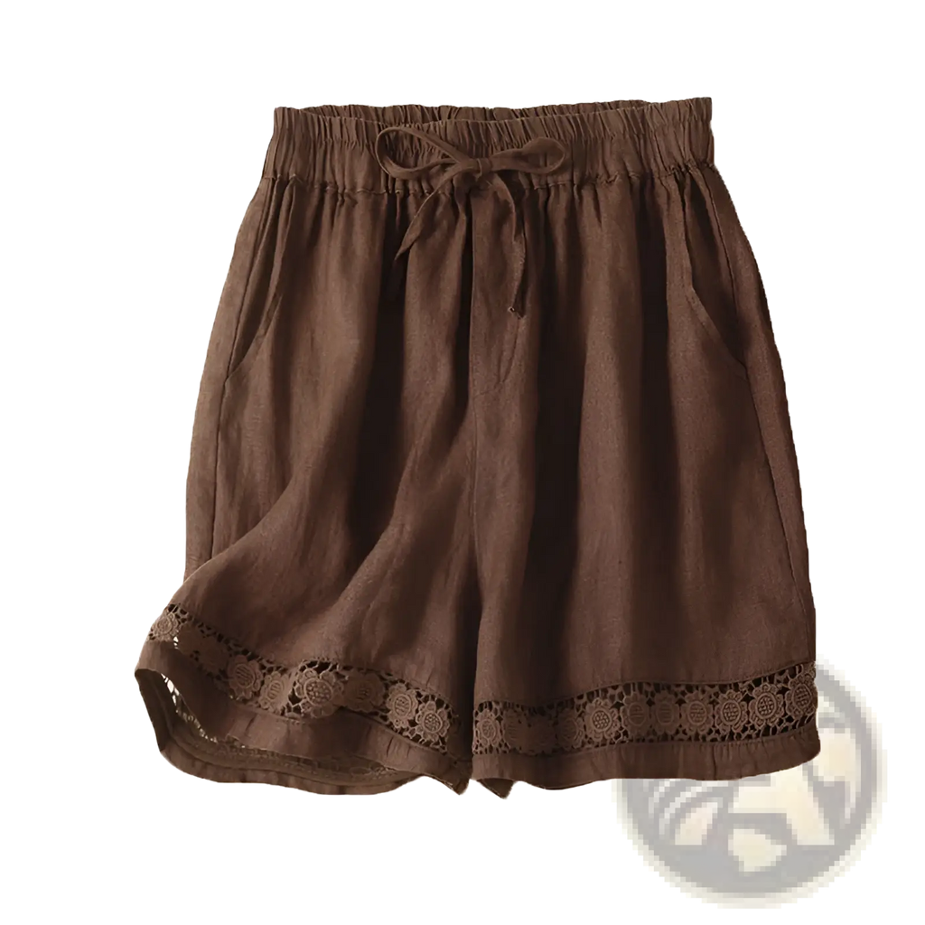 Brown cotton linen shorts with elastic waistband, drawstring, and delicate lace trim along the hem