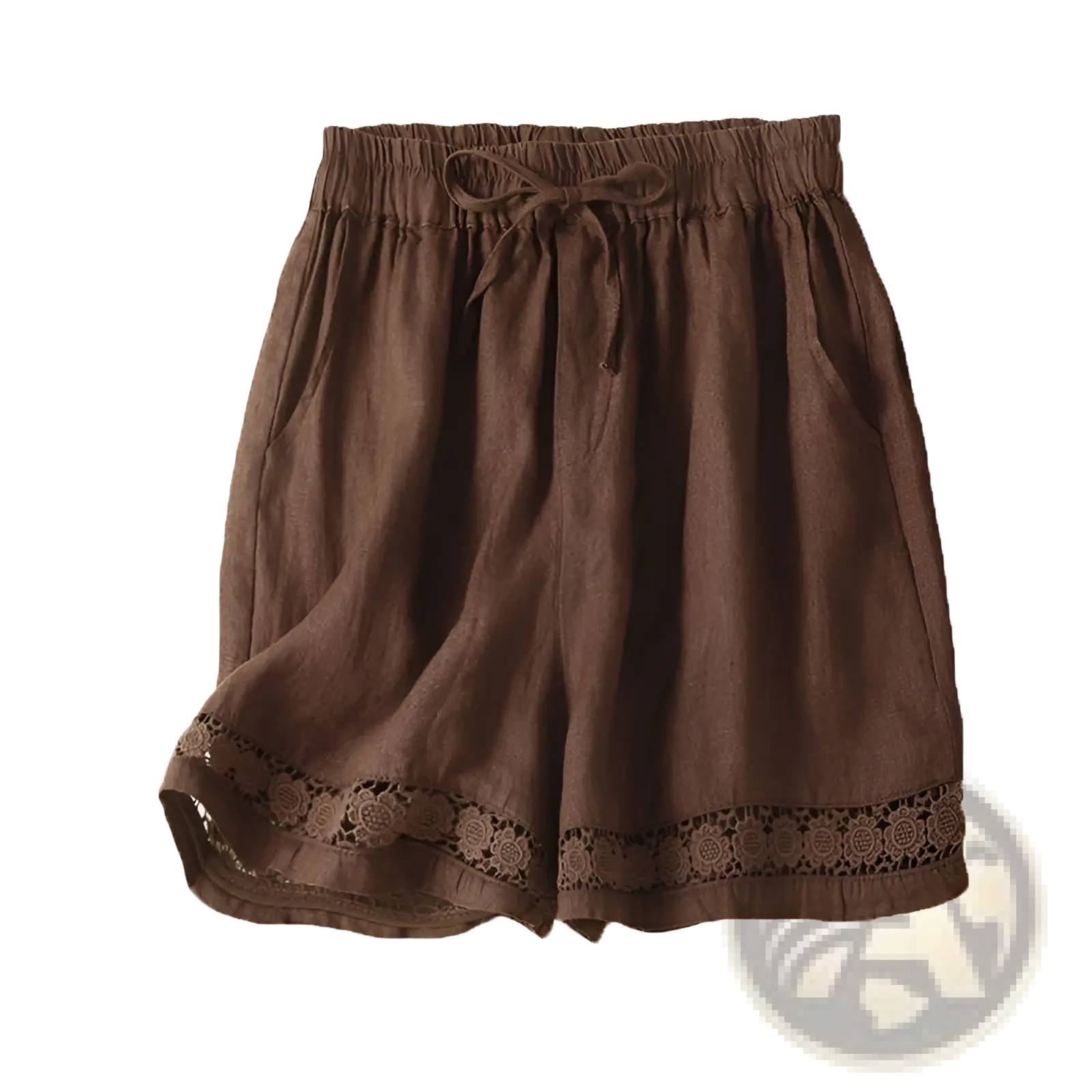 Brown cotton linen shorts with elastic waistband, drawstring, and delicate lace trim along the hem