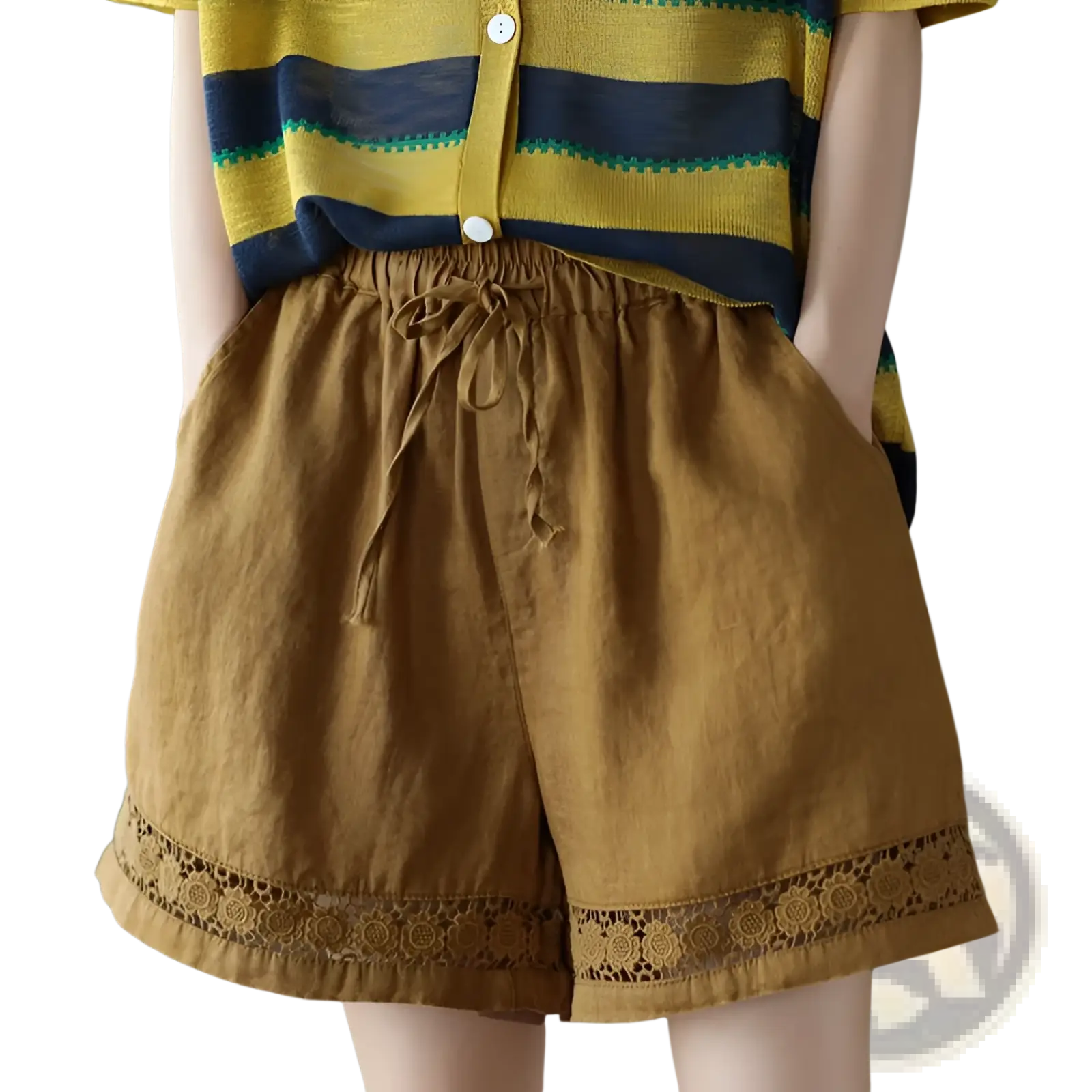 Mustard-colored cotton linen shorts with delicate lace trim along the hem for a stylish summer look
