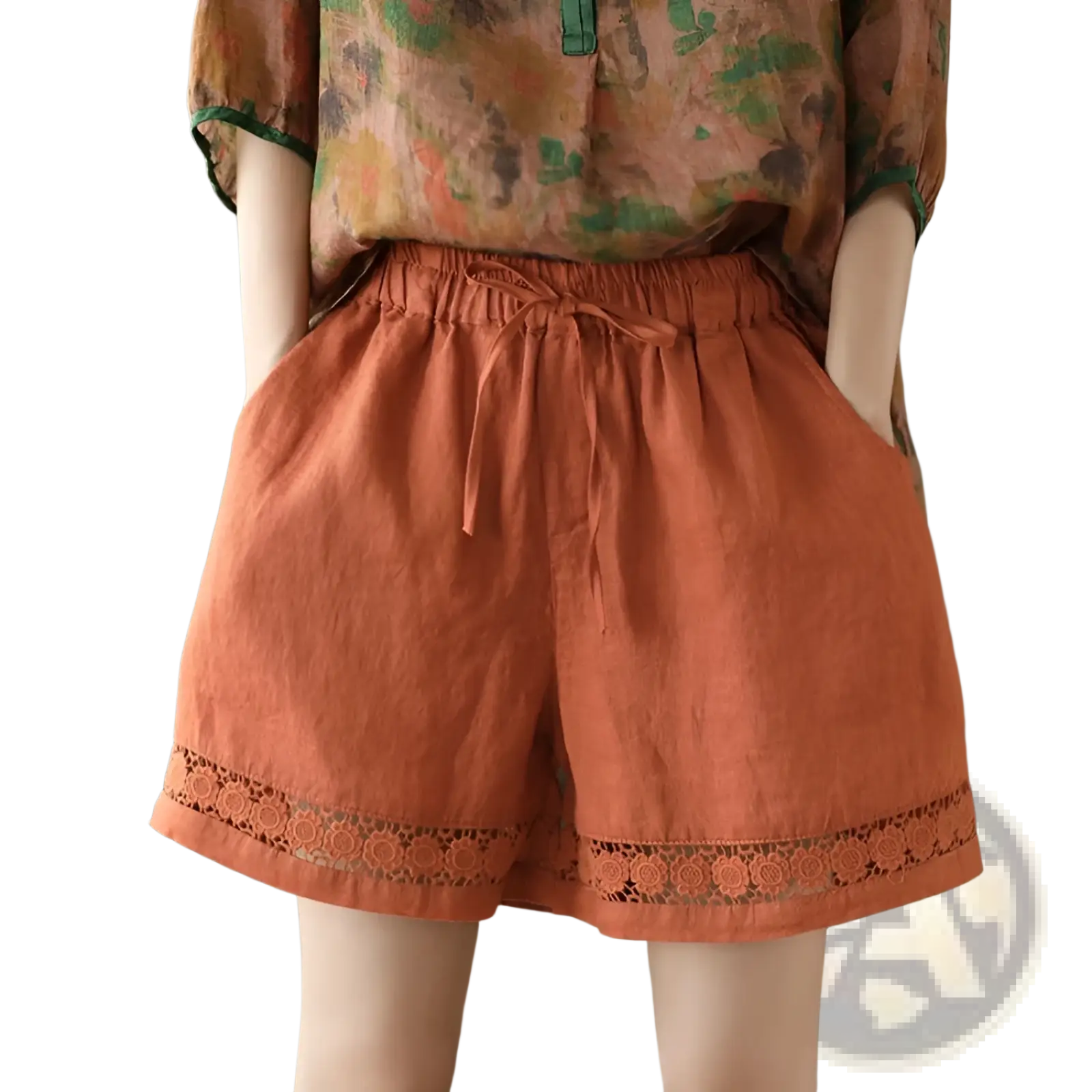 Cotton linen lace up straight pants in warm terracotta with delicate lace trim and elastic waistband with drawstring