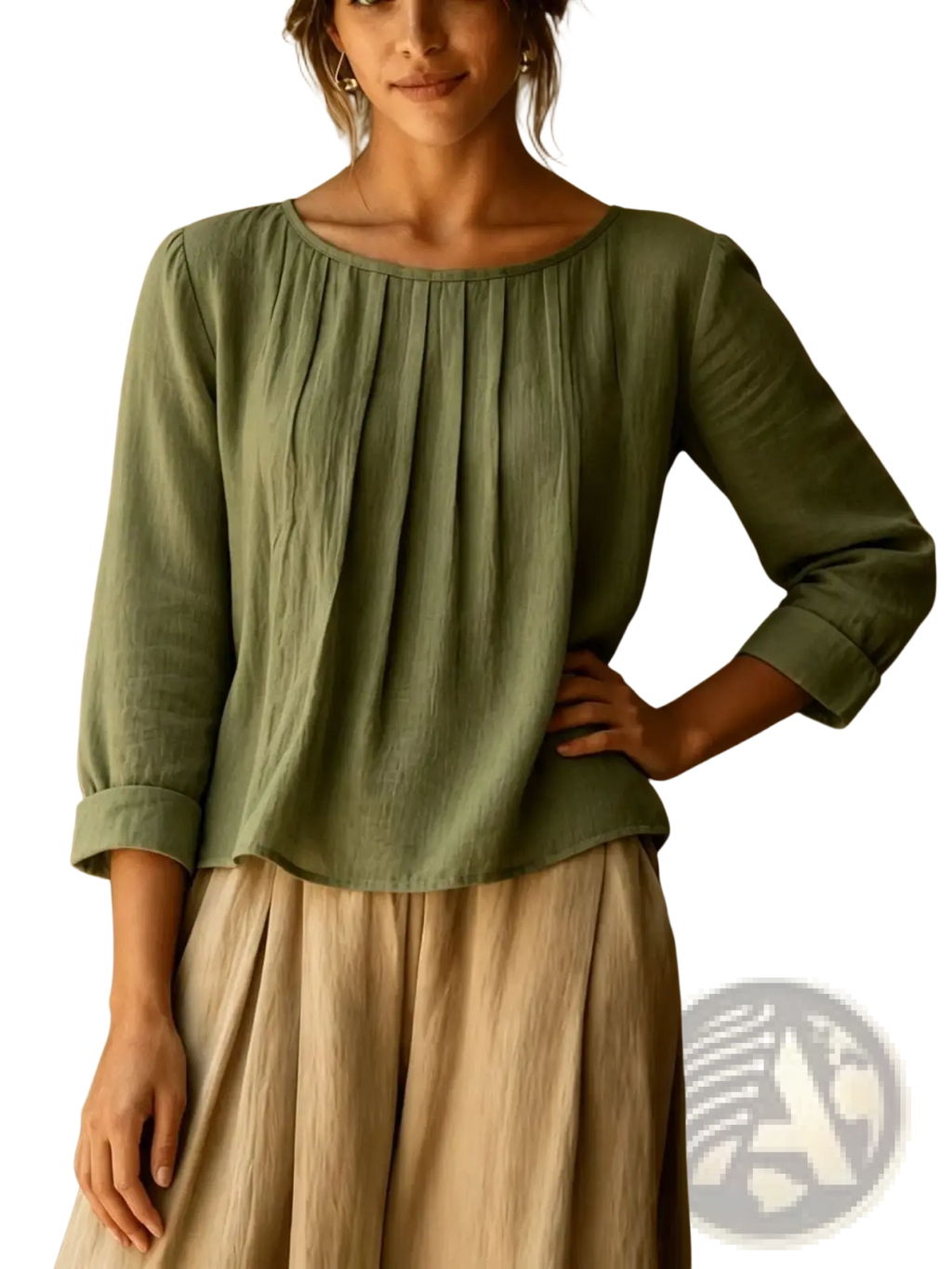 Olive green cotton linen loose fit womens blouse with softly pleated three quarter sleeves and rolled cuffs