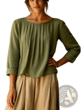 Olive green cotton linen loose fit womens blouse with softly pleated three quarter sleeves and rolled cuffs