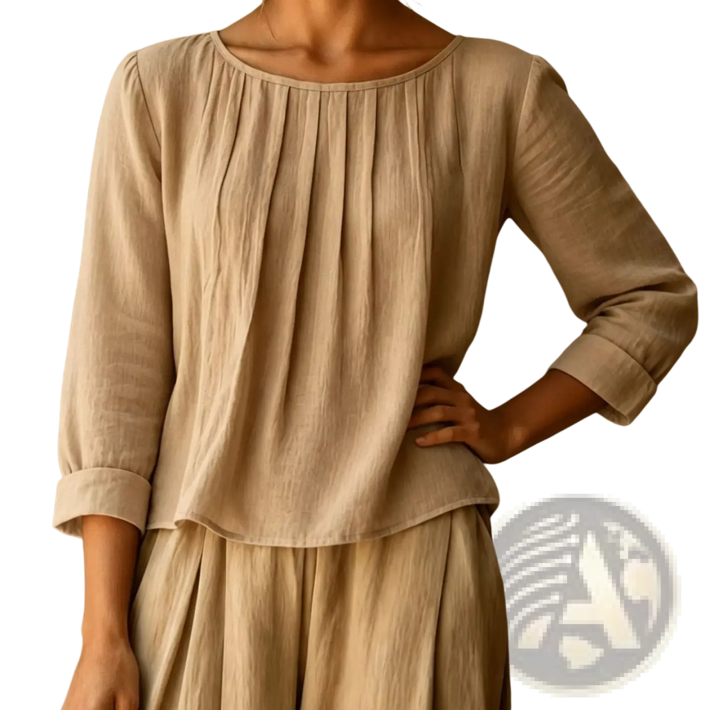 Beige cotton linen loose fit womens blouse with three quarter sleeves and pleated neckline for casual wear