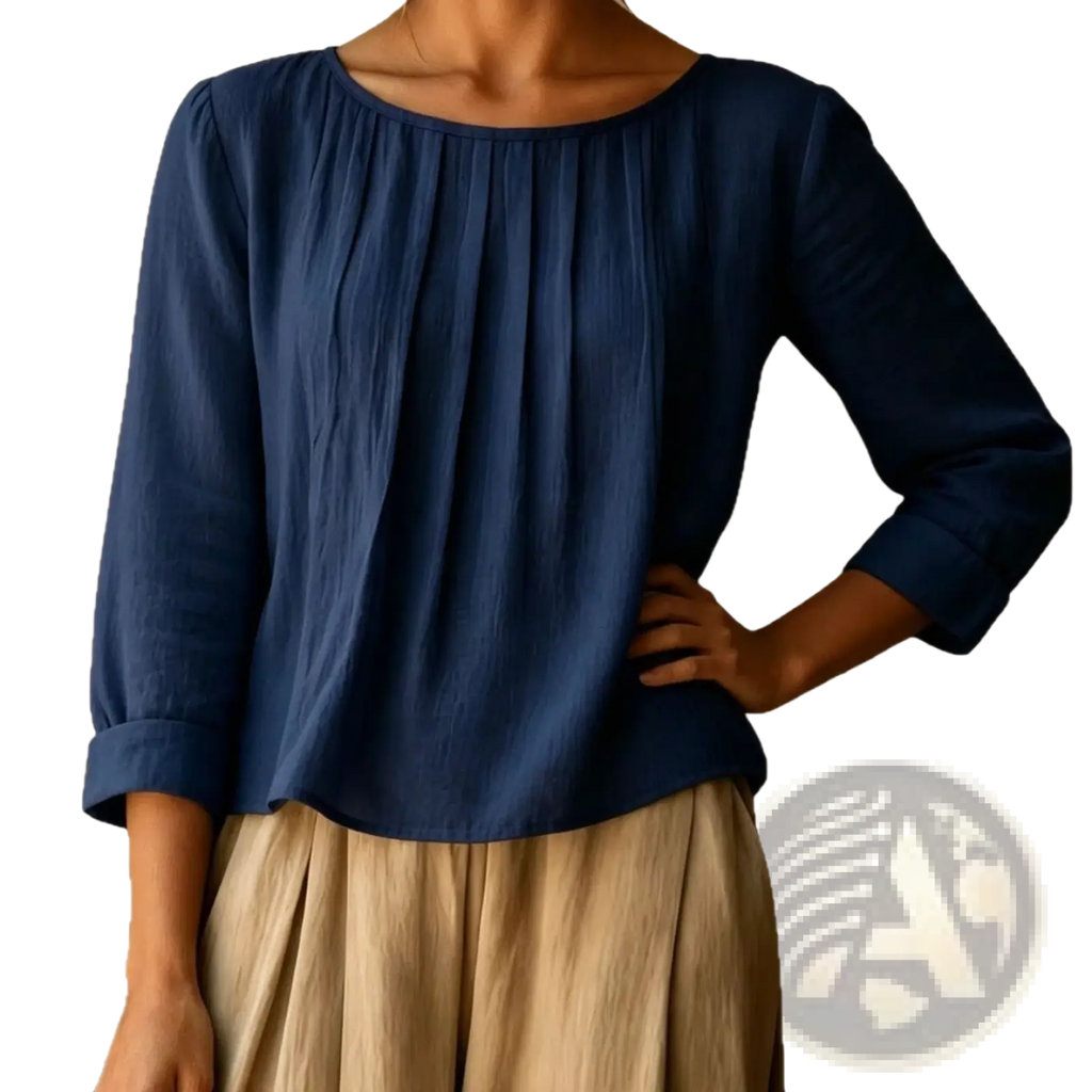 A navy blue cotton linen loose fit womens blouse with gathered neckline and rolled cuffs long sleeves