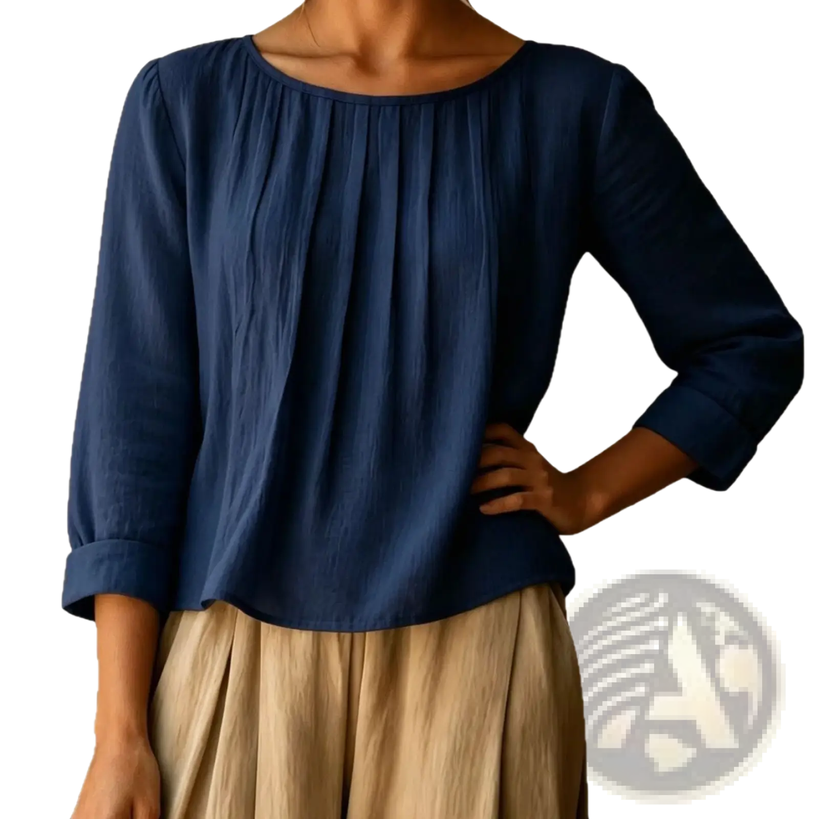 A navy blue cotton linen loose fit womens blouse with gathered neckline and rolled cuffs long sleeves