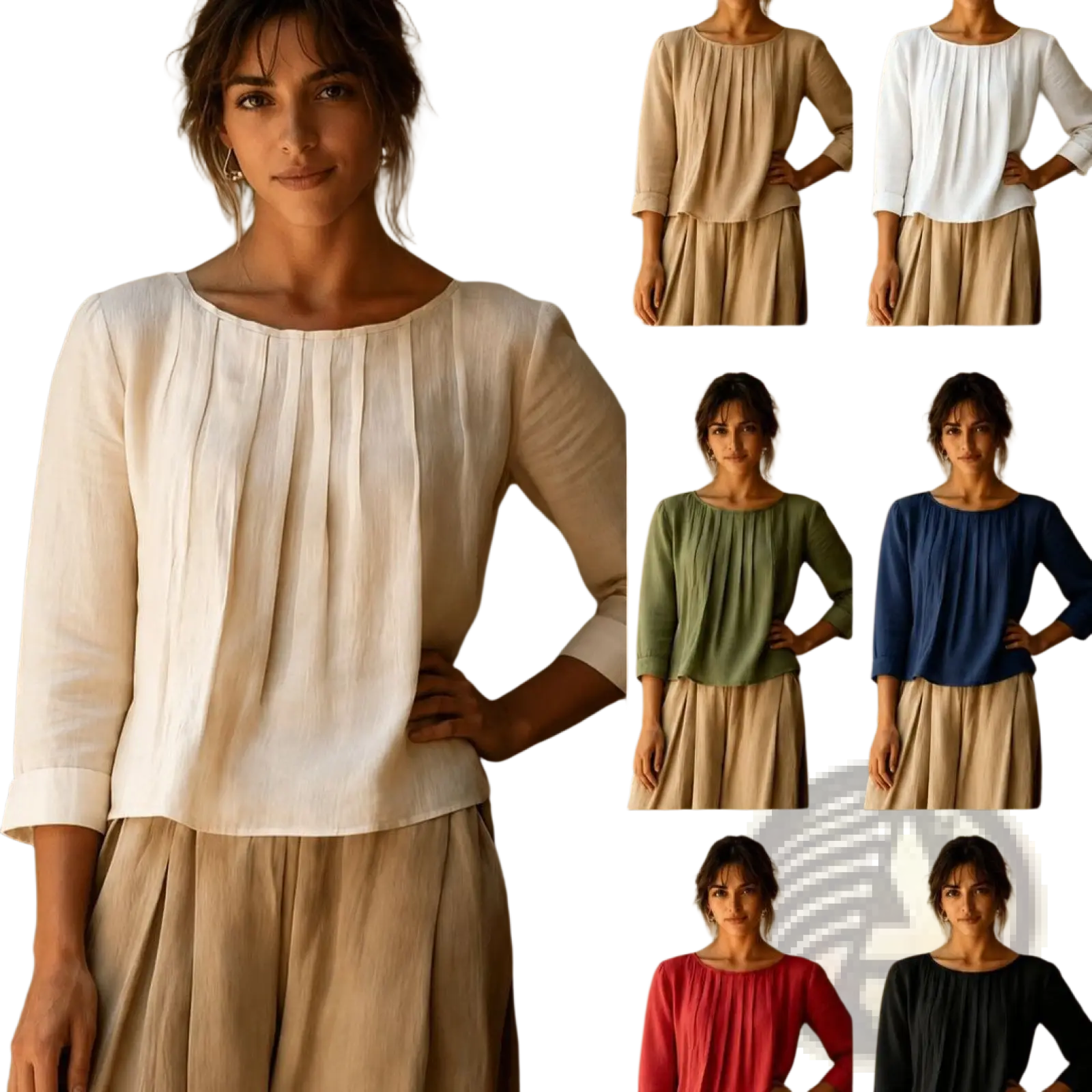 A soft cream-colored cotton linen loose fit womens blouse with pleated front and three-quarter sleeves