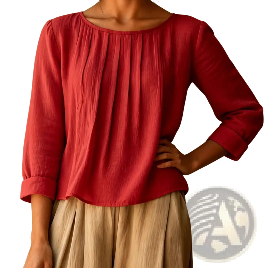 A soft rust-red cotton linen loose fit womens blouse with a gathered neckline and three-quarter length sleeves