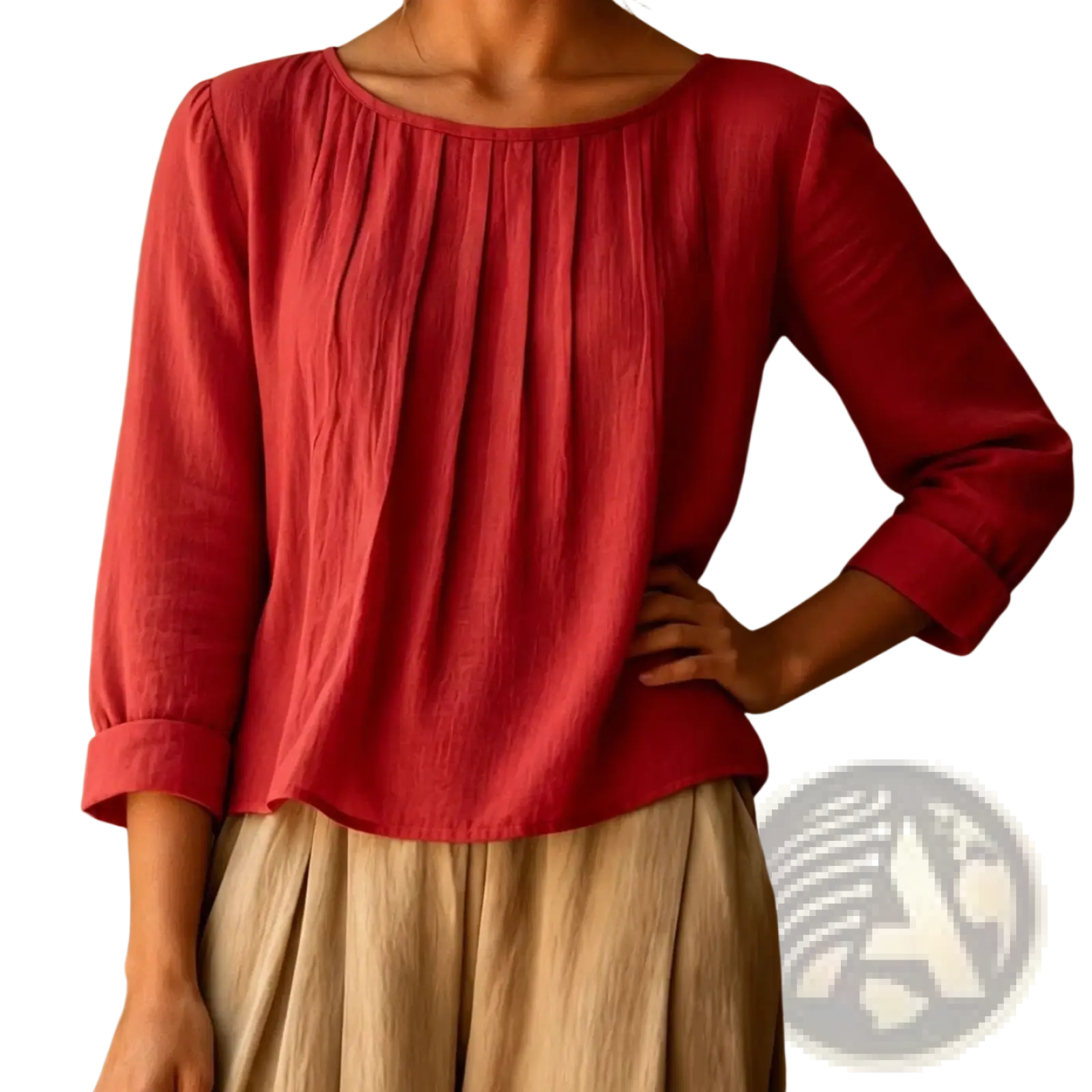 A soft rust-red cotton linen loose fit womens blouse with a gathered neckline and three-quarter length sleeves