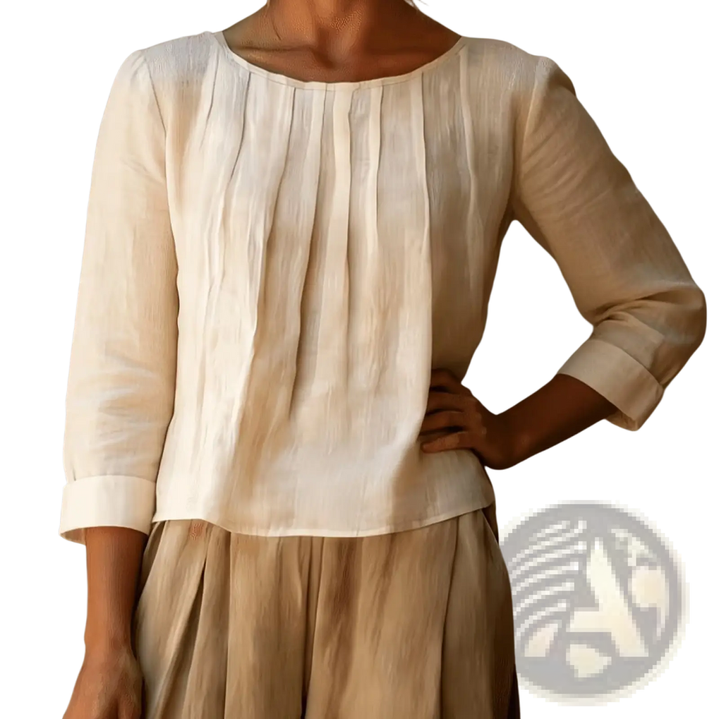 A soft off-white cotton linen loose fit womens blouse featuring a subtle pleated front and three-quarter sleeves