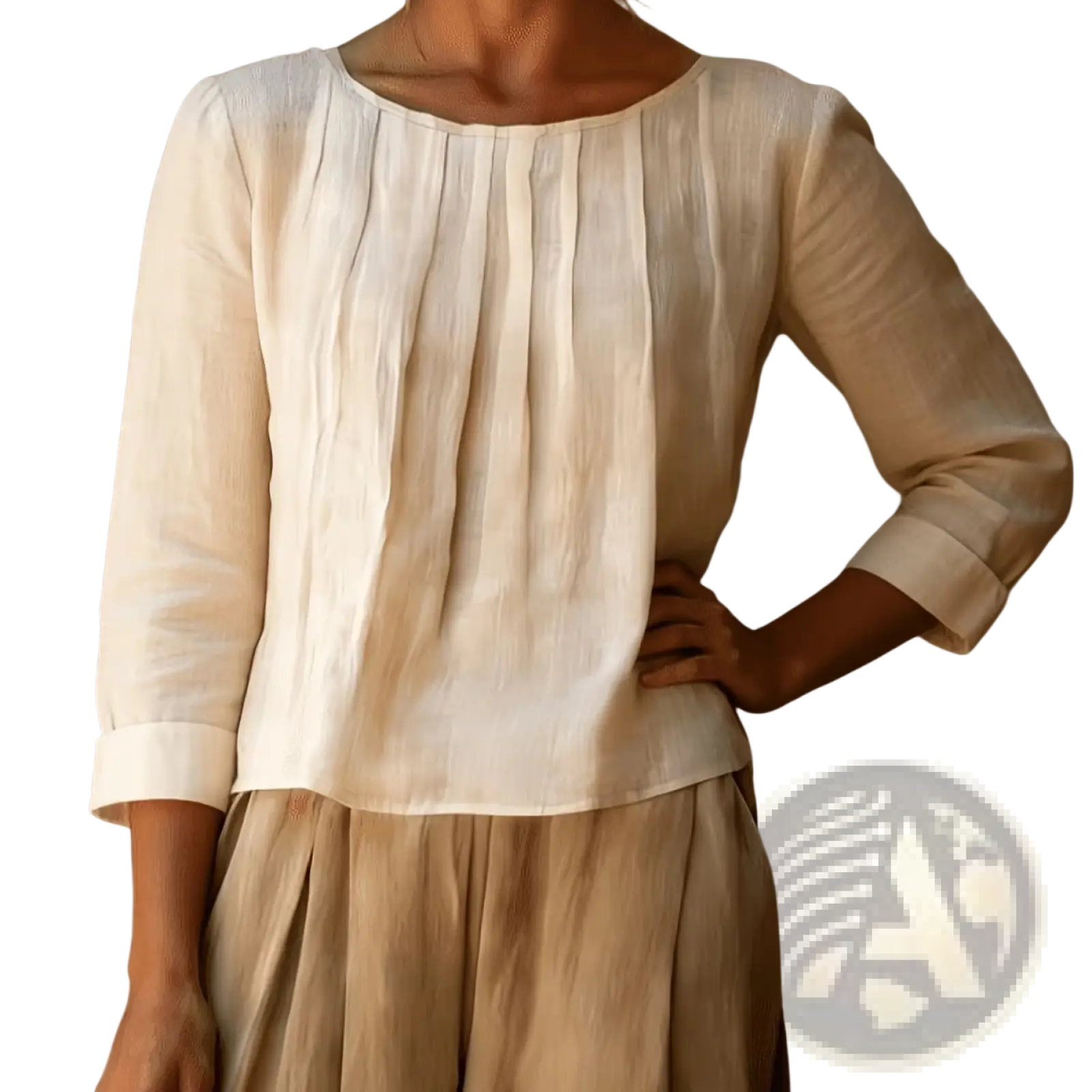 A soft off-white cotton linen loose fit womens blouse featuring a subtle pleated front and three-quarter sleeves