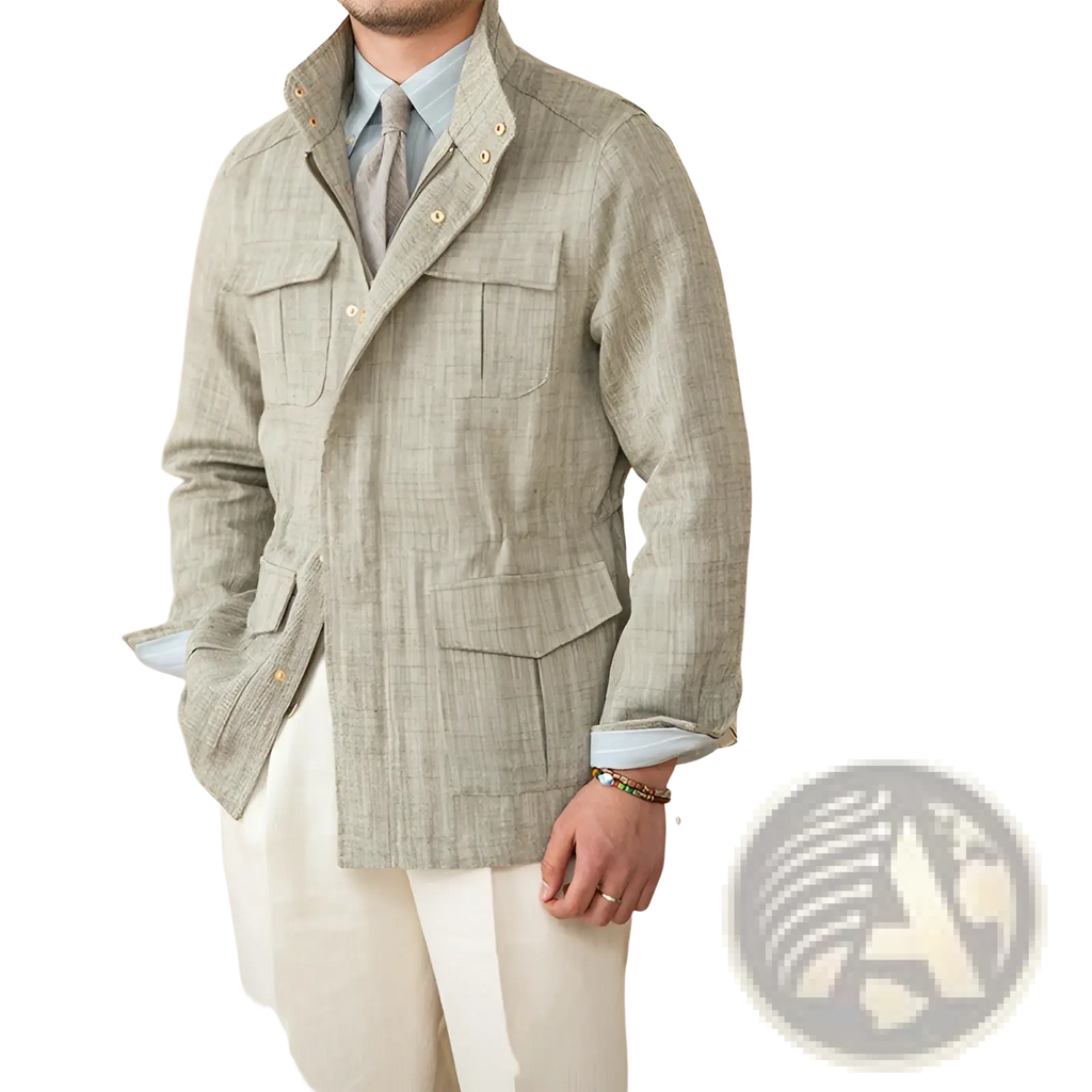 A light beige cotton linen m65 safari jacket with a subtle check pattern and buttoned flap pockets
