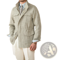 A light beige cotton linen m65 safari jacket with a subtle check pattern and buttoned flap pockets
