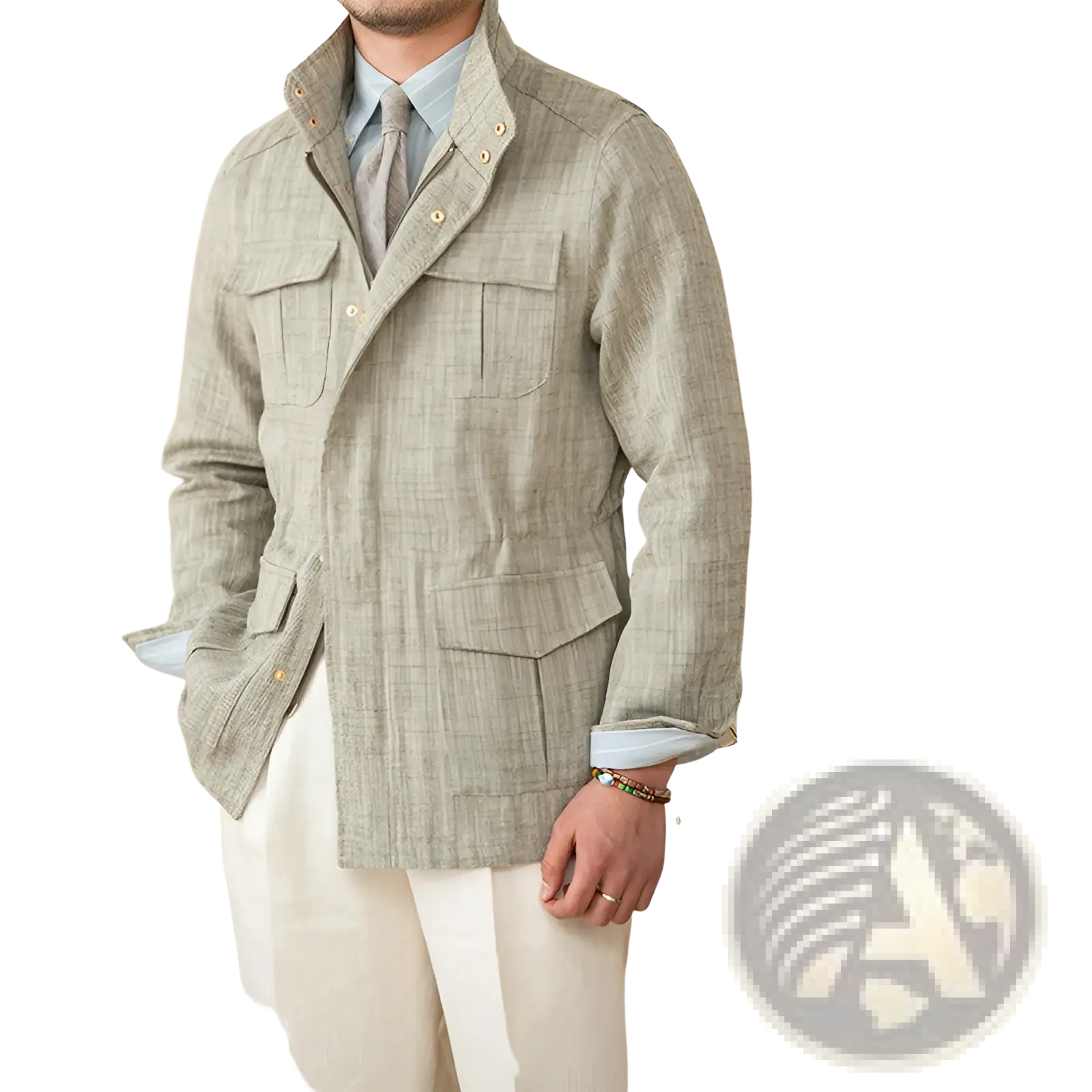 A light beige cotton linen m65 safari jacket with a subtle check pattern and buttoned flap pockets