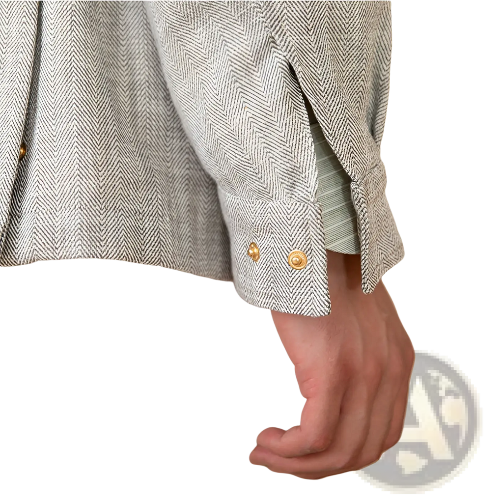 Cotton linen m65 safari jacket sleeve in gray herringbone pattern with gold toned buttons for a refined look