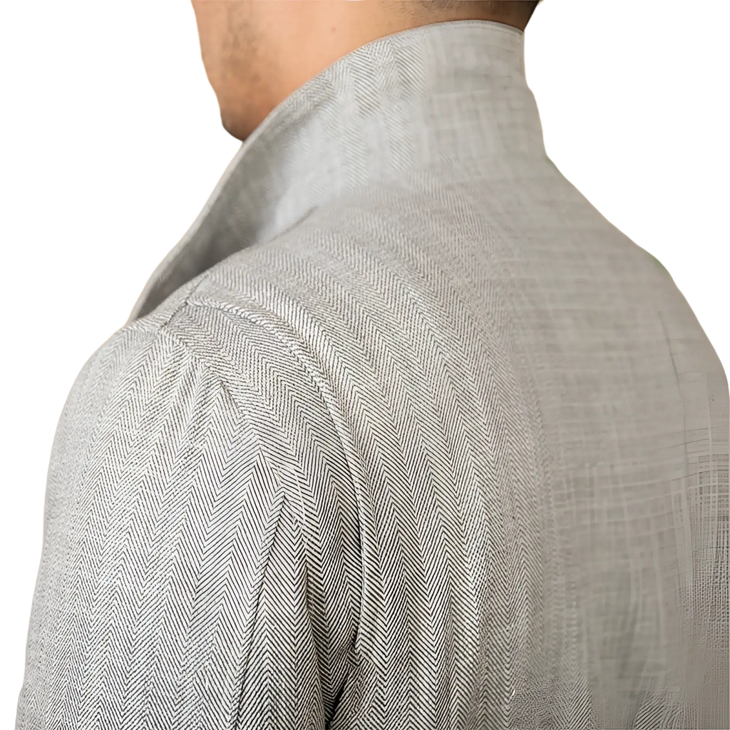 A light gray cotton linen m65 safari jacket shirt with herringbone pattern subtle texture and structured collar