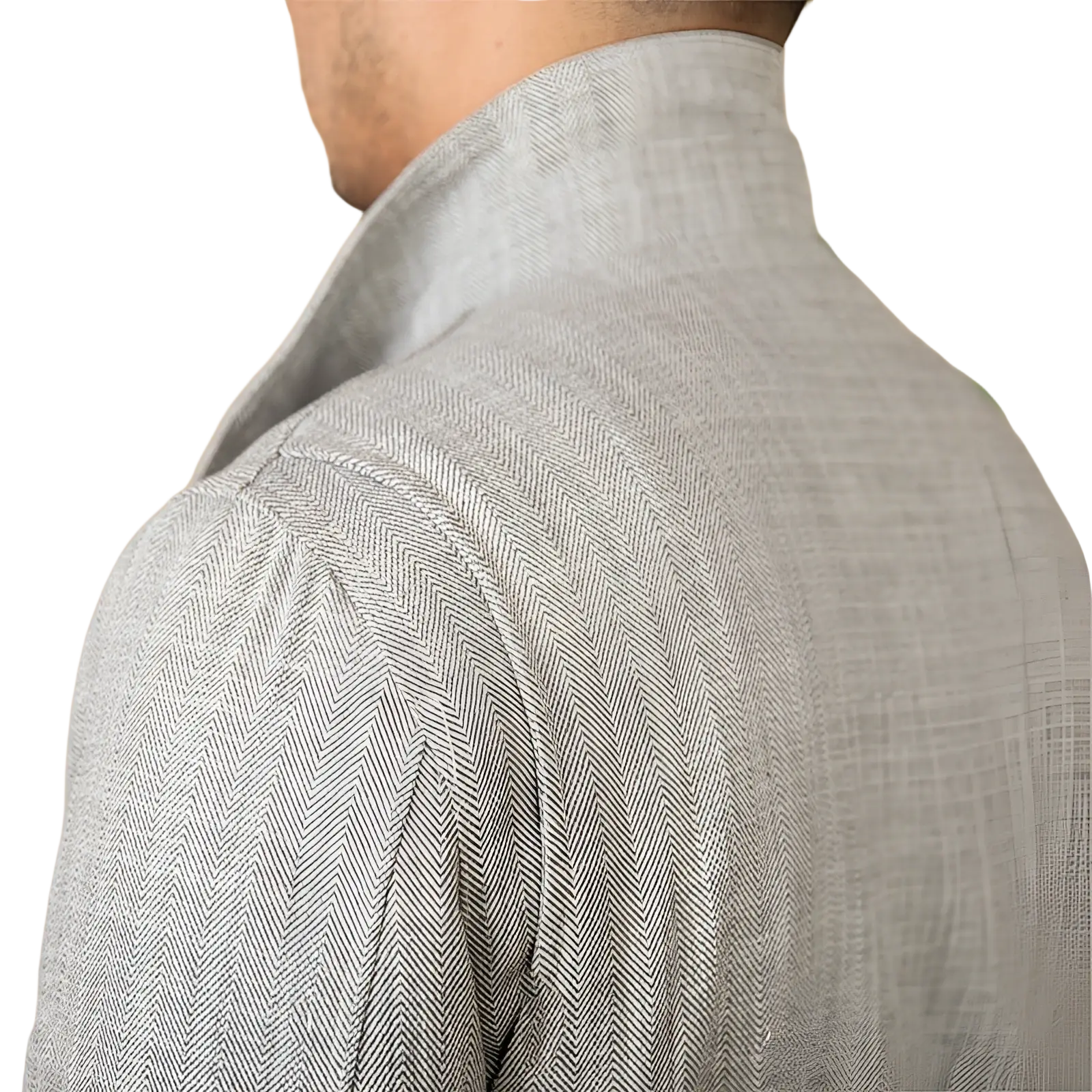 A light gray cotton linen m65 safari jacket shirt with herringbone pattern subtle texture and structured collar