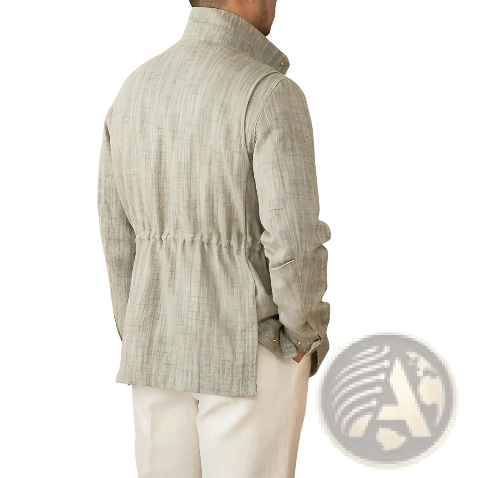 A light gray cotton linen M65 safari jacket with textured fabric high collar and subtle vertical stripes