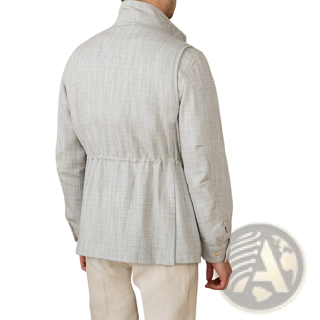 Cotton linen m65 safari jacket in light gray textured linen with subtle woven pattern and high collar visible from the front