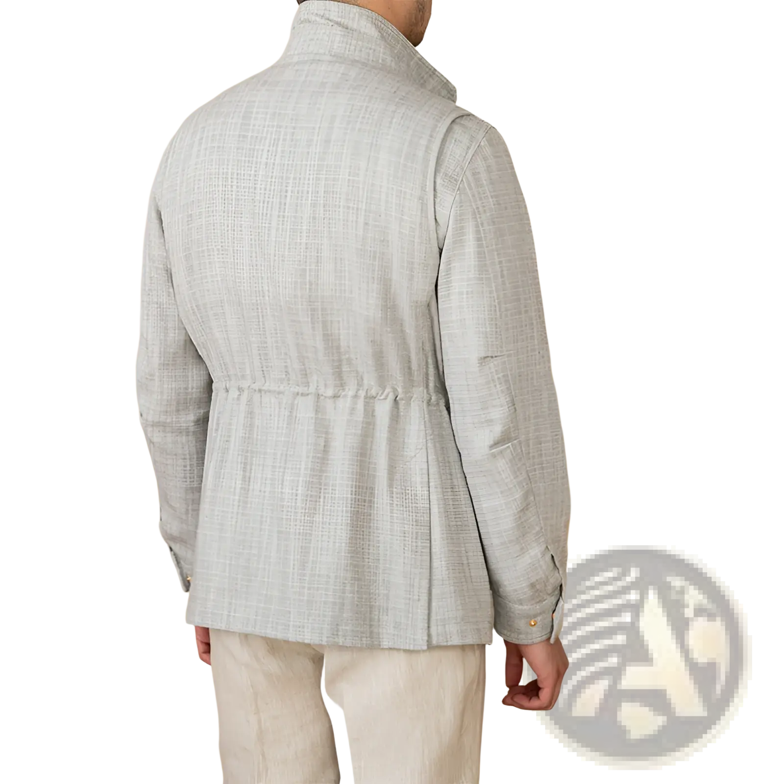 Cotton linen m65 safari jacket in light gray textured linen with subtle woven pattern and high collar visible from the front