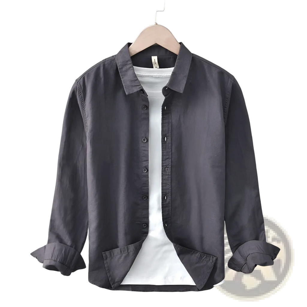 Dark gray cotton linen men long sleeve button up shirt with rolled cuffs and subtle texture on wooden hanger