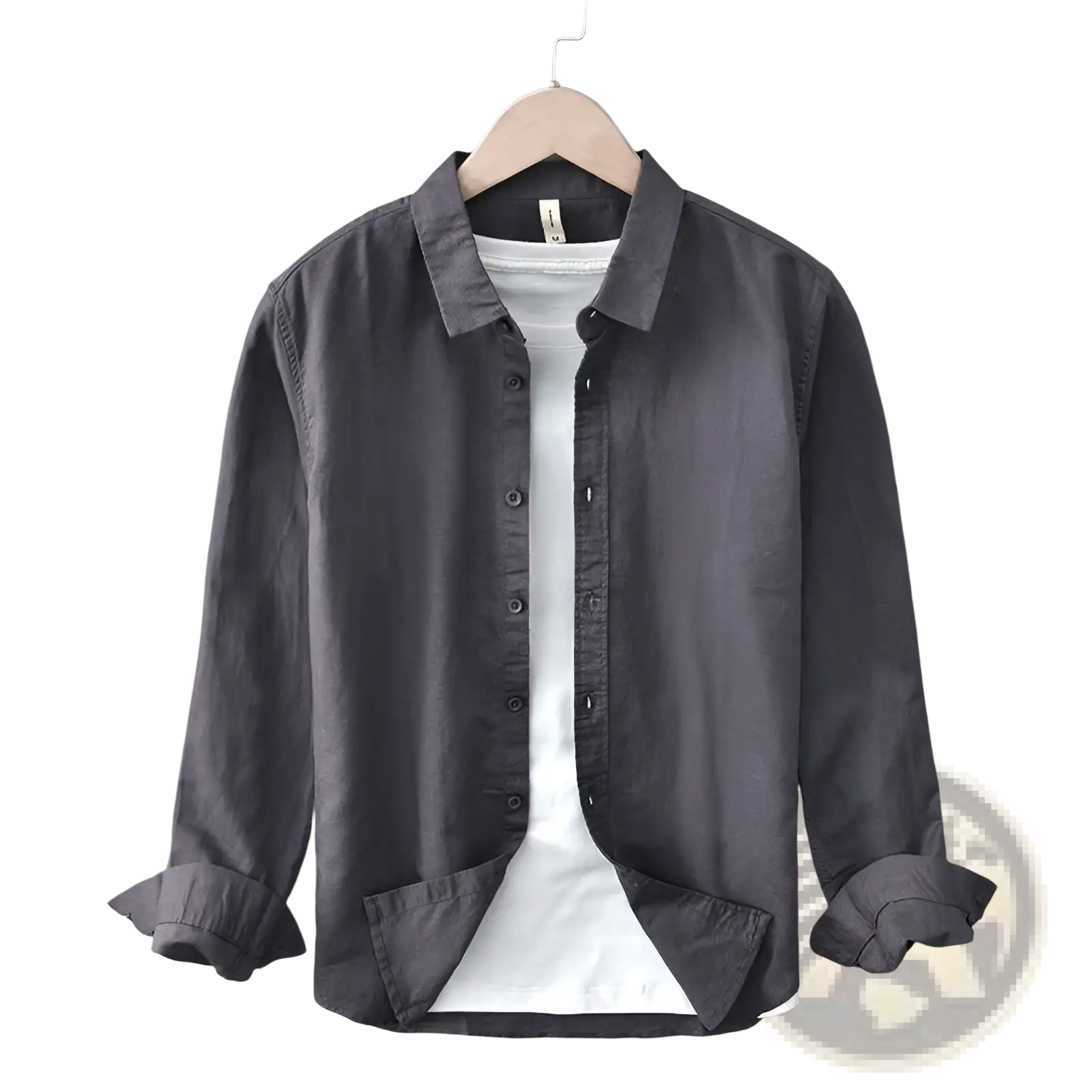 Dark gray cotton linen men long sleeve button up shirt with rolled cuffs and subtle texture on wooden hanger