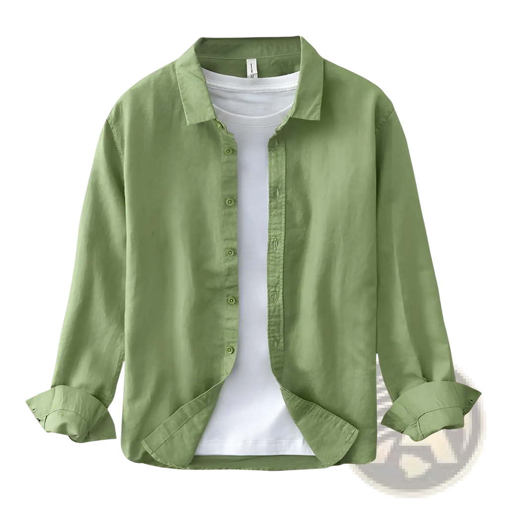 A light olive green cotton linen men long sleeve button up shirt with classic collar and rolled cuffs