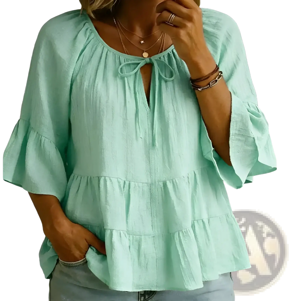 Mint green cotton linen pleated blouse top with tiered design ruffled sleeves and tie-front neckline