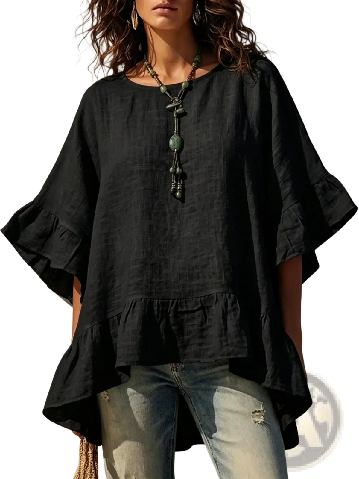 Black cotton linen top with flared sleeves and ruffled hem perfect for stylish casual wear