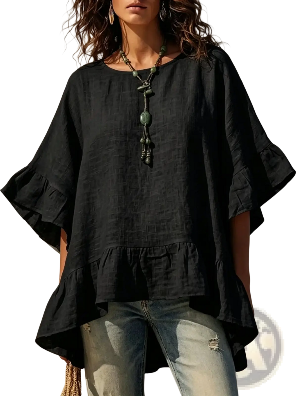 Black cotton linen top with flared sleeves and ruffled hem perfect for stylish casual wear