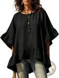 Black cotton linen top with flared sleeves and ruffled hem perfect for stylish casual wear
