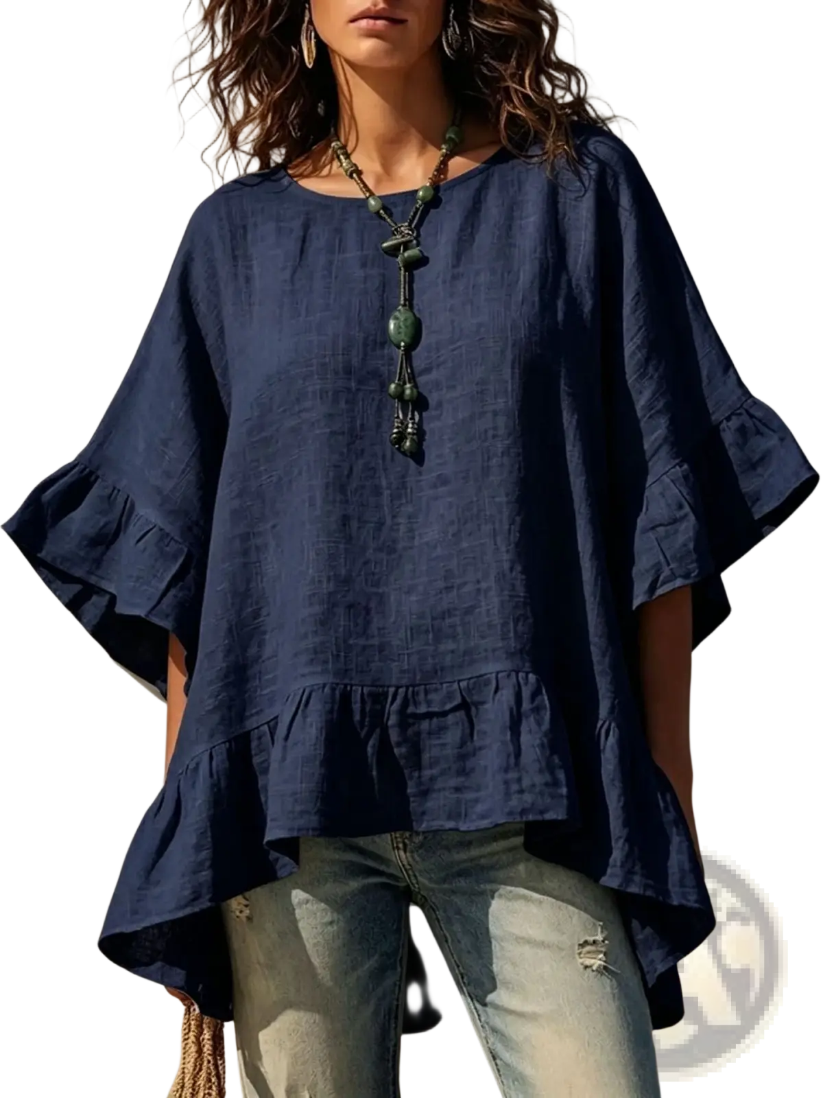 Navy blue cotton linen ruffle hem shirt with flared sleeves showcasing a stylish and breathable design