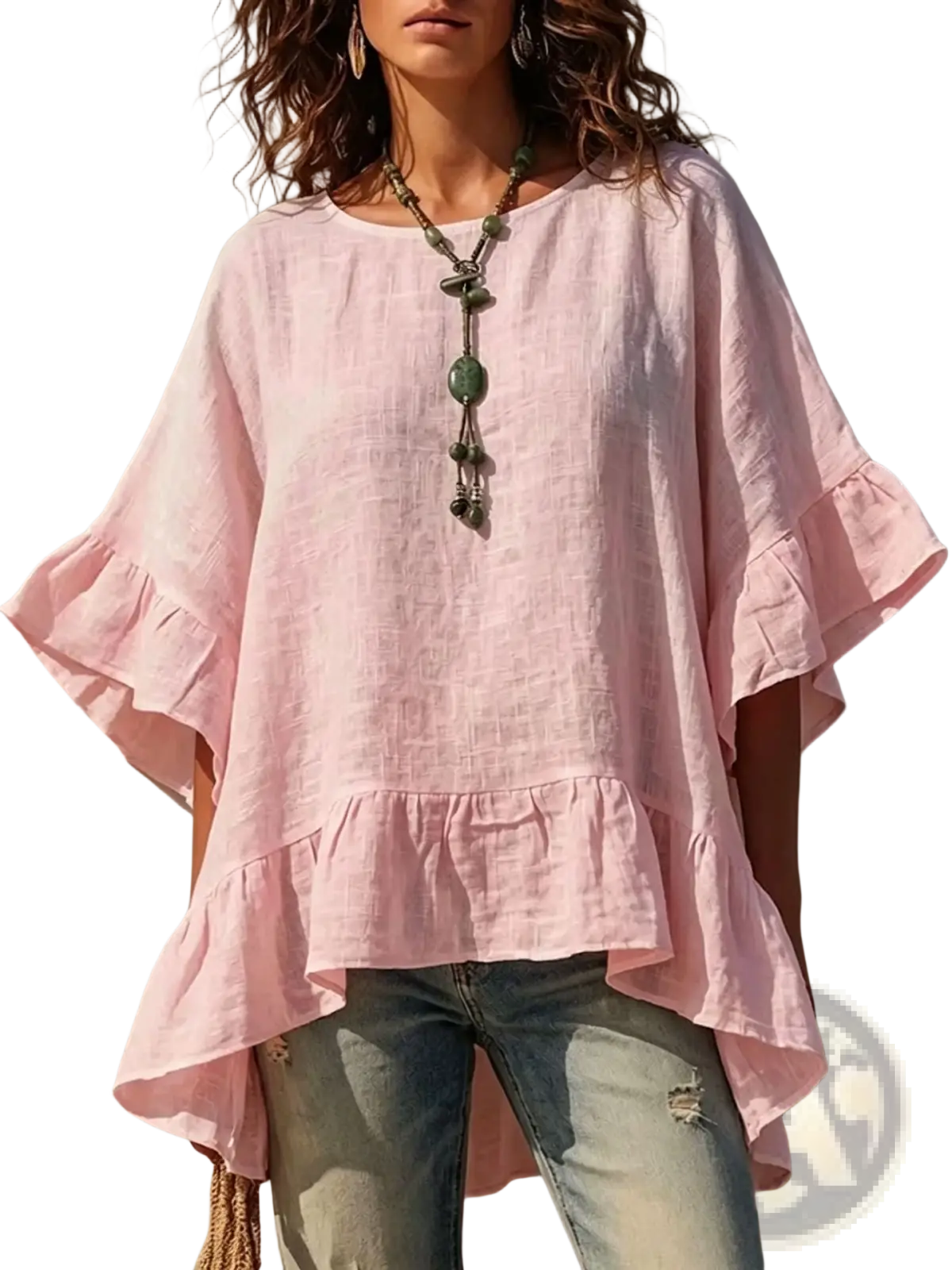A soft pink cotton linen ruffle hem shirt with loose fit, ruffled sleeves, and tiered hem made of lightweight fabric