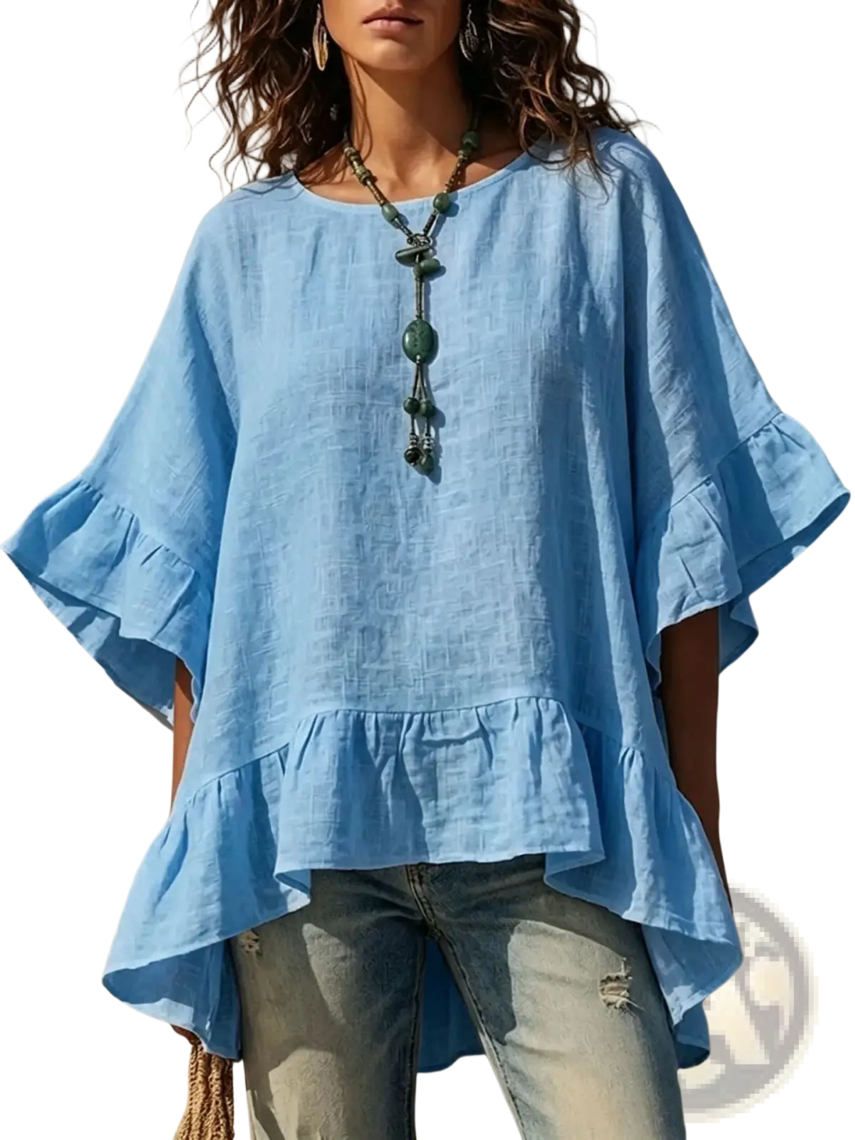 Light blue cotton linen ruffle hem shirt with loose fit and ruffled sleeves and hem for casual wear